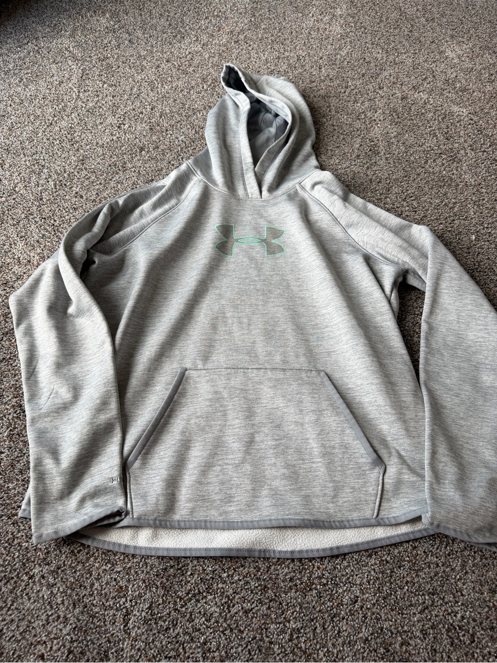 Under Armour ColdGear Gray Green Logo Fleece Pullover Performance Hoodie Mens